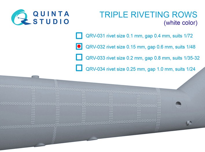 Quinta studio QRV-032 Тройные клепочные ряды (размер клепки 0.15 mm, интервал 0.6 mm, масштаб 1/48), белые, общая длина 4.4 m 1/48