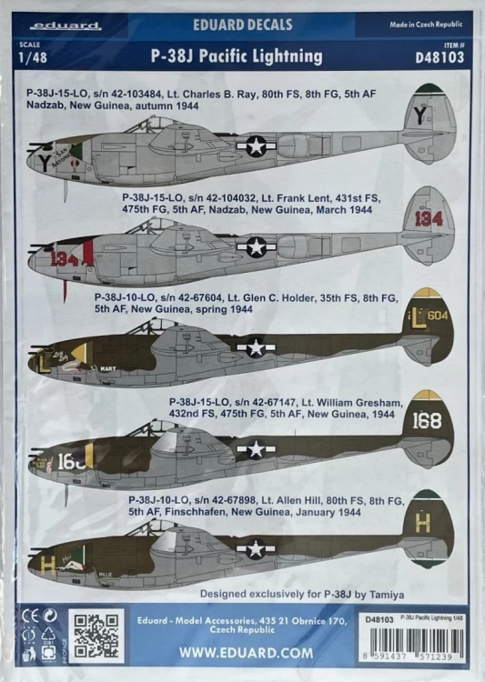 Eduard D48103 Decals P-38J Pacific Lightning (TAM) 1/48