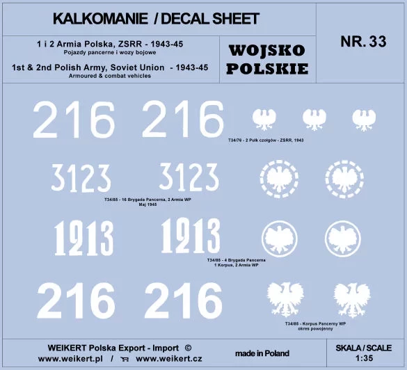 Weikert Decals 233 1st & 2nd Polish Army, Sov.Union 1943-45 pt.1 1/35
