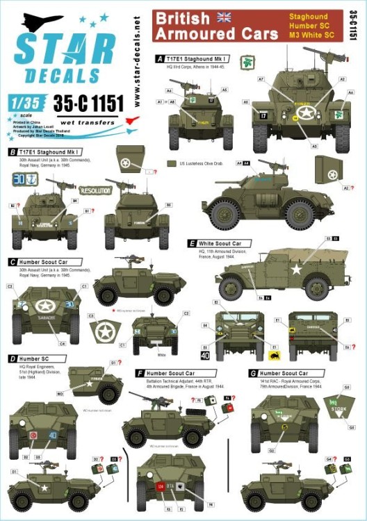 Star Decals 35-C1151 British Armoured Cars Staghound, Humber SC, M3 White SC 1/35