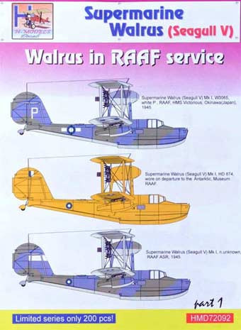 HM Decals HMD-72092 1/72 Decals S.Walrus (Seagull V) RAAF Service Pt.1