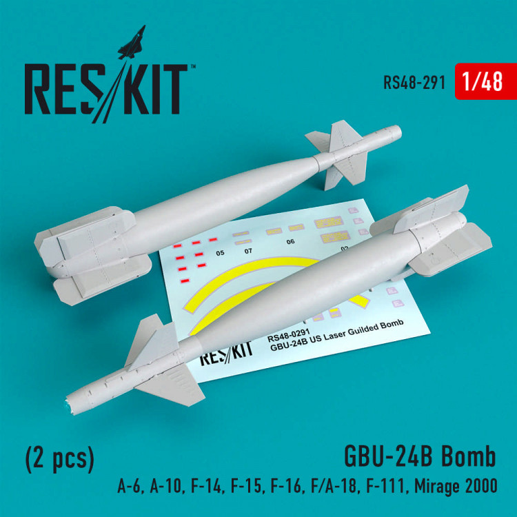 Reskit RS48-0291 GBU-24 (B) Bomb (2 pcs)(A-6, A-10, F-14, F-15, F-16, F/A-18, F-111, Mirage 2000) Kitty Hawk, Italeri, Hobby Boss, Tamiya. Hasegawa, Meng, Academy, Revell, Kinetic 1/48