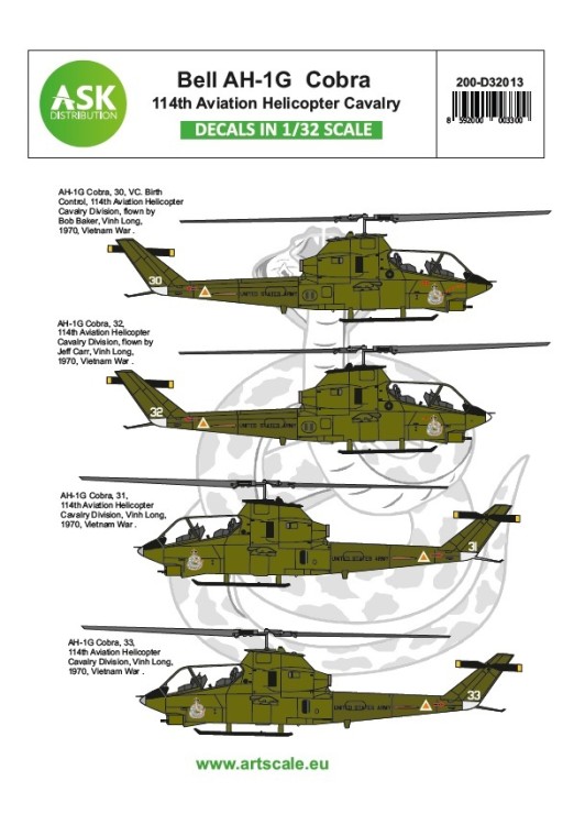 Art Scale 200-D32013 Bell AH-1G Cobra 11th Aviation Helicopter Cavalry part 3. Decal shett. Contain decals for 4 markings 1/32