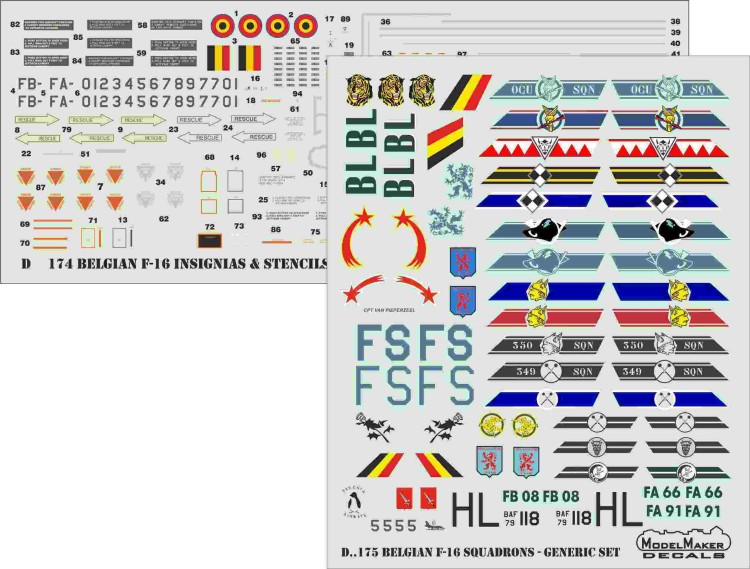 Model Maker Decals D48175 Belgian General-Dynamics F-16A/F-16B Squadrons generic set 1/48