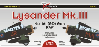 Dk Decals 32036 Lysander Mk.III No.161(SD) Sqn RAF (3x camo) 1/32