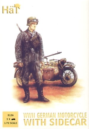 HAT 8126 German Motorcycles with side cars (WWII) 3 bikes, 9 riders and 6 standing figures 1/72