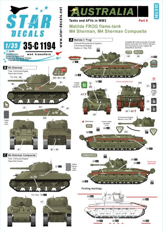 Star Decals 35-C1194 Australia Tanks & AFVs # 6. Matilda FROG Flame Tank. 'Dangerous', 'Deoch', 'Devil' M4 Sherman 'The Stag'. M4 Sherman Composite 'The Shag' 1/35