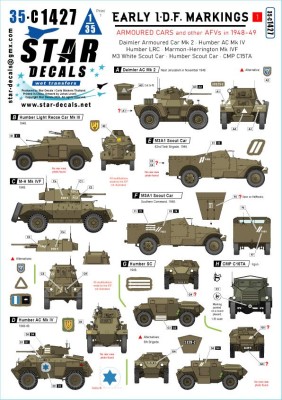 Star Decals 35-C1427 Early IDF markings # 1.Israeli armoured cars and AFVs in 1948-49.Daimler AC Mk.2, Humber AC Mk.IV, Humber LRC, Marmon-Herrington Mk.IVF, M3 White Scout Car, Humber SC, CMP C15TA 1/35