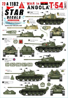 Star Decals 72-A1182 War in Angola # 2.T-54 and T-55 tanks.MPLA/FAPLA in 1970-80s.T-54B, T-55, T-55A and T-55AM 1/72
