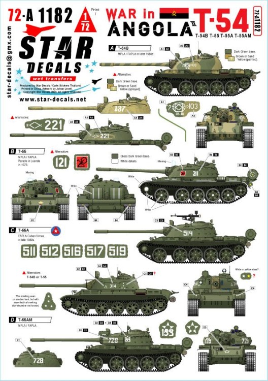 Star Decals 72-A1182 War in Angola # 2.T-54 and T-55 tanks.MPLA/FAPLA in 1970-80s.T-54B, T-55, T-55A and T-55AM 1/72