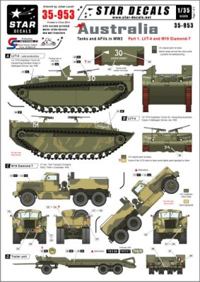 Star Decals STAR35953 Australian Tanks and AFVs. LVT-4 Water Buffalo and M19 Diamond Tank transporter 1/35