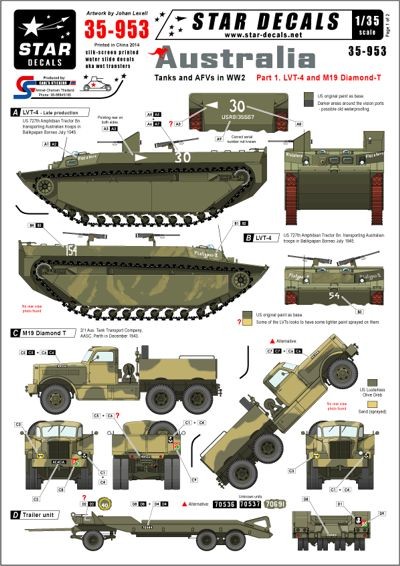 Star Decals STAR35953 Australian Tanks and AFVs. LVT-4 Water Buffalo and M19 Diamond Tank transporter 1/35