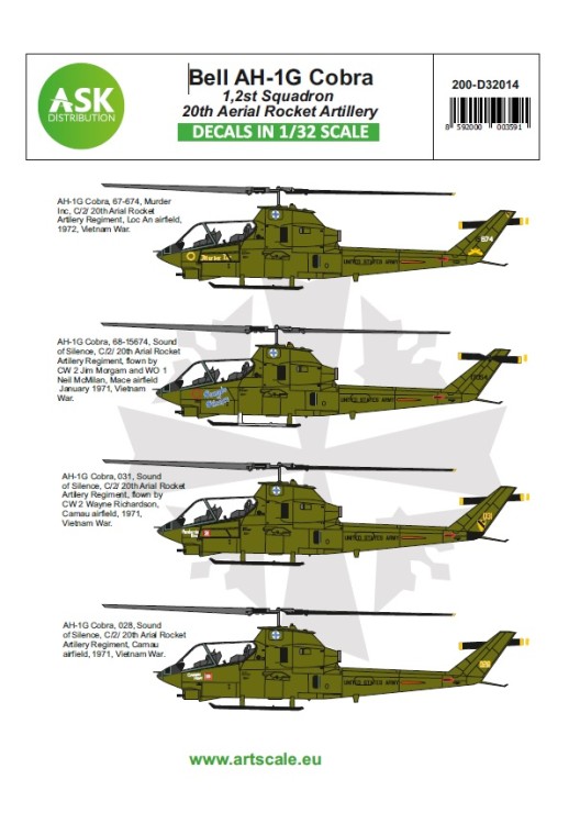 Art Scale 200-D32014 Bell AH-1G Cobra 20th Aerial rocket artilery part 1. Decal sheet. Contain decals for follow markings 1/32