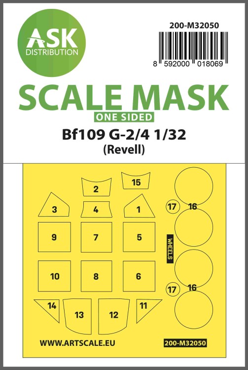 Art Scale 200-M32050 Messerschmitt Bf-109G-2/4 wheels and canopy frame paint mask (outside only) 1/32