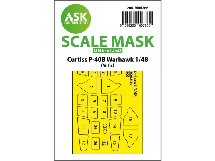Art Scale 200-M48266 Curtiss P-40B Warhawk canopy frame paint mask (outside only) 1/48