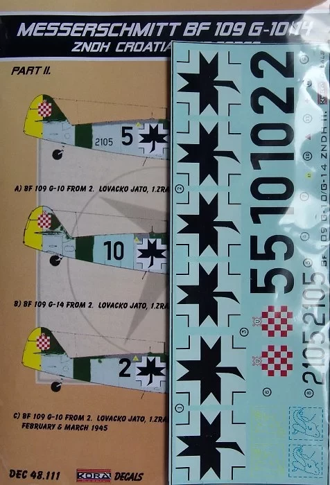 Kora Model DEC48111 Decals Bf 109 G-10/G-14 (ZNDH Croatian AF) 1/48