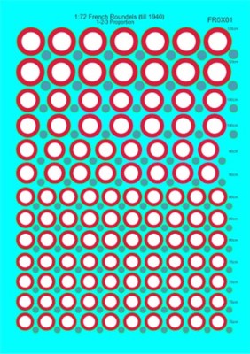 Frrom Azur FROX01 French Roundels gives roundels for Armee de l'Air, without the outside yellow circle (proportions 1-2-3). Dimensions are given in the sheet for real aircraft, in cm (120, 100, 90, 80, 75), for the usual 1/72 nd scale 1/48