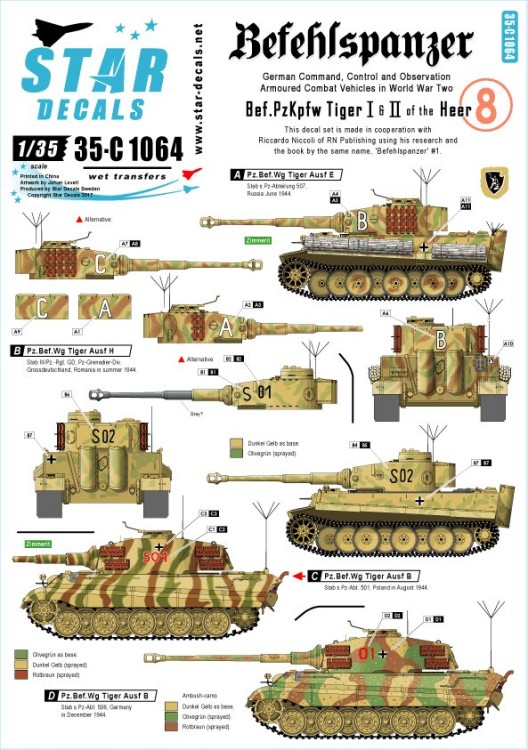 Star Decals 35-C1064 Befehls Pz.Kpfw.VI Tiger I and Pz.Kpfw.VI Tiger II. Befehlspanzer # 8. German Command, Control and Observation Tanks 1/35