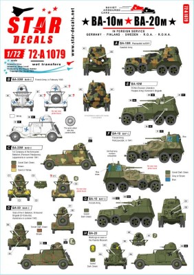 Star Decals 72-A1079 BA-10M and BA-20M. Soviet armored cars in Foreign service. Germany, Sweden, Finland, ROA, RONA 1/72