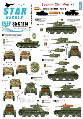 Star Decals 35-C1174 Spanish Civil War # 6 Kl.Befehls Pz.Kpfw.I Ausf.B and Soviet BT-5 Fast Tank Nationalist and Republican markings 1/35