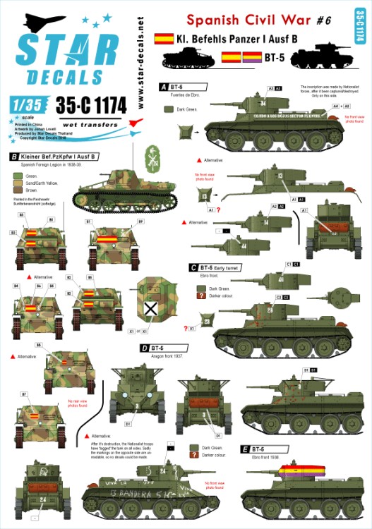 Star Decals 35-C1174 Spanish Civil War # 6 Kl.Befehls Pz.Kpfw.I Ausf.B and Soviet BT-5 Fast Tank Nationalist and Republican markings 1/35