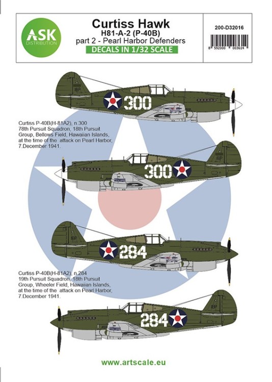 Art Scale 200-D32016 Curtiss H81-A-2 part 2 - Pearl Harbor Contains decals for two kits. 1) 1/32