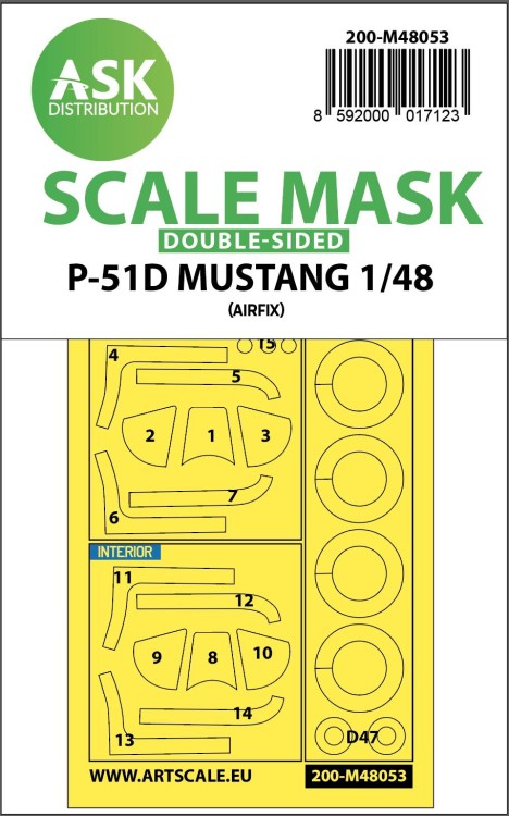 Art Scale 200-M48053 North-American P-51D Mustang wheels and canopy frame paint masks (inside and outside) 1/48