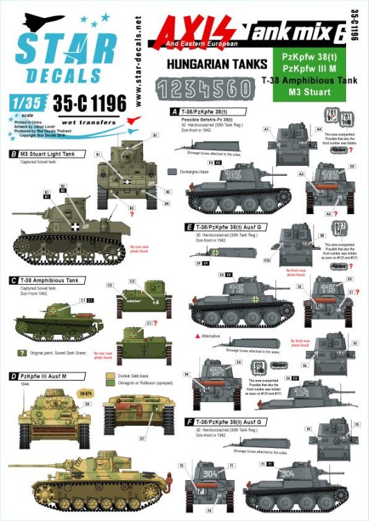 Star Decals 35-C1196 Axis Tank mix # 6. Hungarian Tanks mix Pz.Kpfw. 38 (t), Pz.Kpfw.III Ausf.M, T-38 Amphibious Tank, M3 Stuart (ex Soviet) 1/35