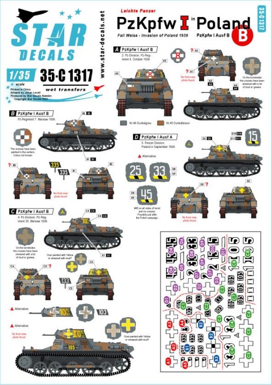 Star Decals 35-C1317 Pz.Kpfw.I in Poland. Pz.Kpfw.I Ausf.B. Fall Weiss - Invasion of Poland 1939. VIEW 1/35