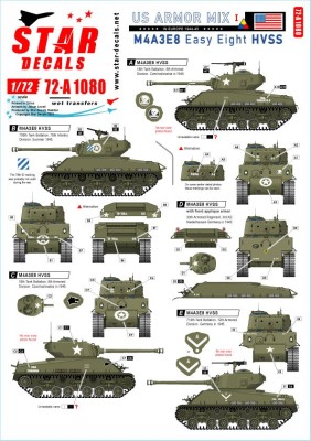 Star Decals 72-A1080 US Armor Mix # 1. US M4A3E8 'Easy Eight' HVSS tanks in NW Europe 1944-45 1/72