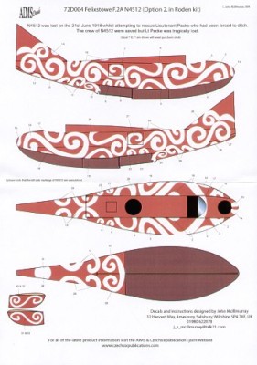 Aims AIMS72D004 Felixstowe F.2A (1) N4512. White swirls to complete option 2 in the Roden kit, N4512 21st June 1918 attempting to rescue Lt Packe. (expected first qtr 2022) 1/72