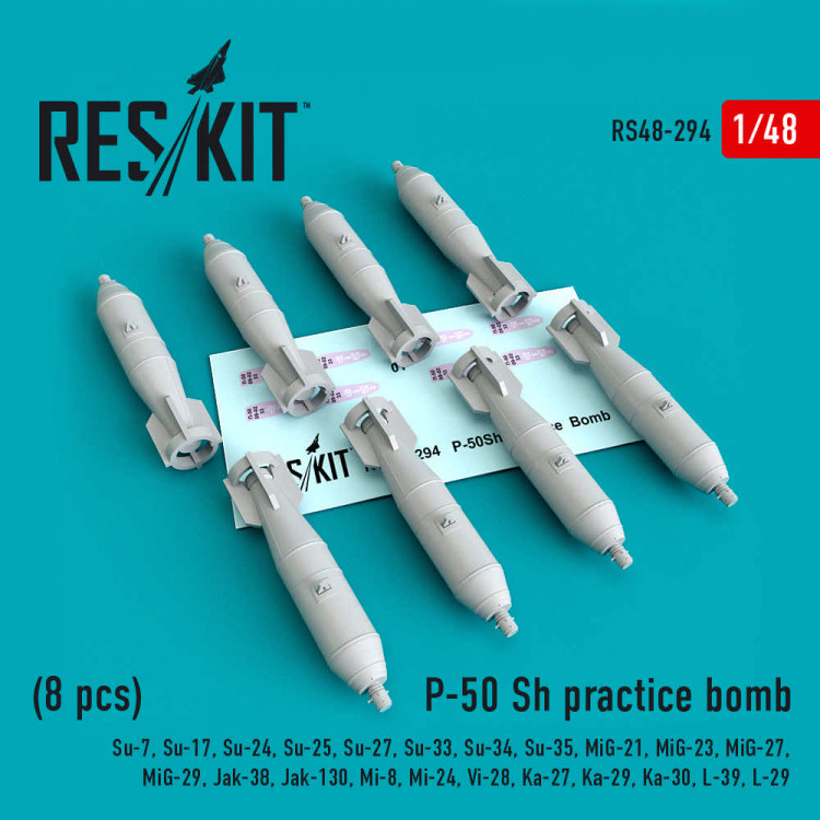 Reskit RS48-0294 P-50 SH practice bomb (8 pcs)(Su-7, Su-17, Su-24, Su-25, Su-27, Su-33, Su-34, Su-35, MiG-21, MiG-23, MiG-27, MiG-29, Jak-38, Jak-130, Mi-8, Mi-24, Vi-28, Ka-27, Ka-29, Ka-30, L-39, L-29) Smer, KP, Eduard, Trumpeter, Hobby Boss, Kitty Hawk