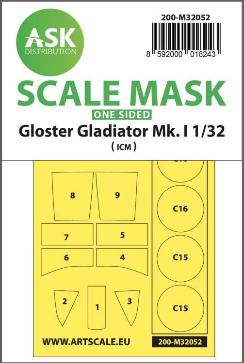 Art Scale 200-M32052 Gloster Gladiator Mk.I wheels and canopy frame paint masks (outside only) 1/32