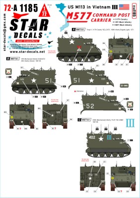 Star Decals 72-A1185 US M113 in Vietnam # 3.M577A1 Command Post Carrier.1/17th Cavalry, 1/5th Mech Infantry, 1/50th Mech Infantry 1/72