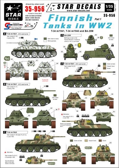 Star Decals STAR35956 Finnish Tanks in WW2. Soviet T-34 m/1941, Soviet T-34 m/1943 and Soviet BA-20M Armoured Car 1/35
