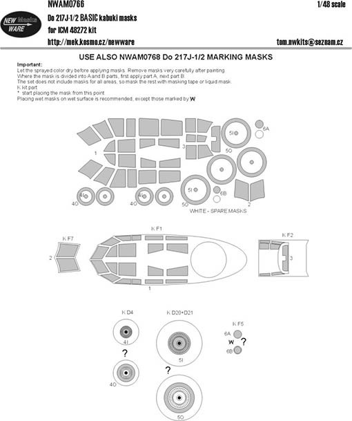 New Ware NWA-M0766 1/48 Mask Do-217 J-1/2 BASIC (ICM 48272)