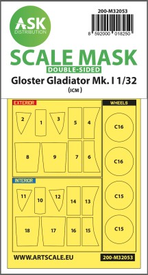 Art Scale 200-M32053 Gloster Gladiator Mk.I wheels and canopy frame paint mask (inside and outside) 1/32