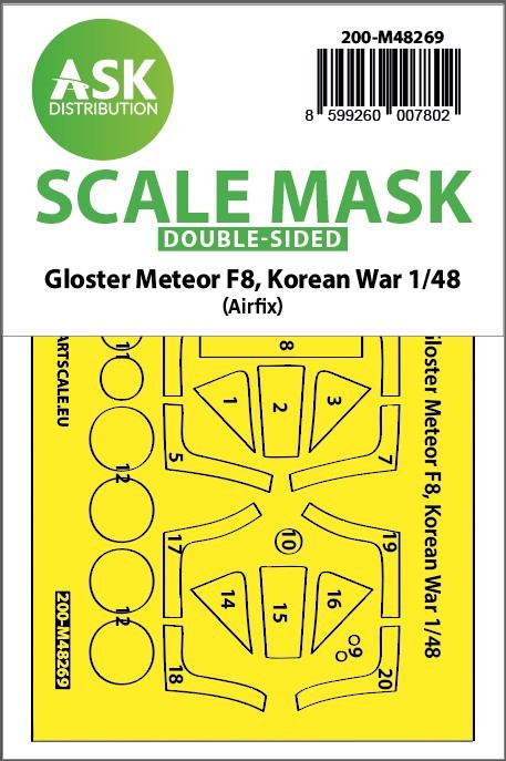 Art Scale 200-M48269 Gloster Meteor F.8 Korean war, wheels and canopy frame paint mask (inside and outside) 1/48