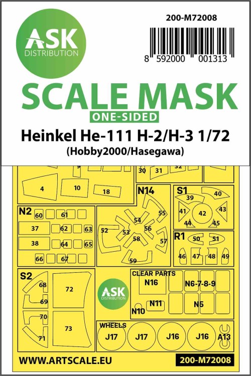 Art Scale 200-M72008 Heinkel He-111H-2/He-111H-3 wheels and canopy frame paint mask (outside only) 1/72