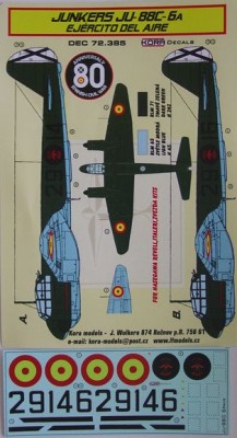 Kora Model DEC72385 Junkers Ju-88C-6A Ejercito Del Aire декали декали 1/72