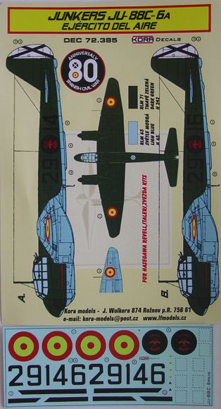 Kora Model DEC72385 Junkers Ju-88C-6A Ejercito Del Aire декали декали 1/72