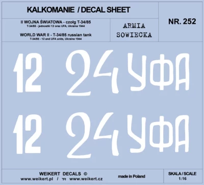 Weikert Decals 252 Russian tank T-34/85 12 &amp; UFA units, UA 1944 1/16