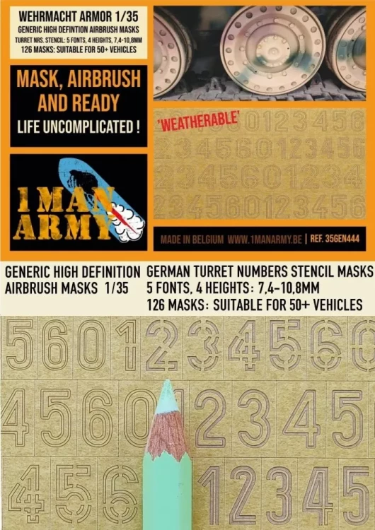 1 man army 35GEN444 GERMAN Turret Numbers Stencil Airbrush mask 1/35