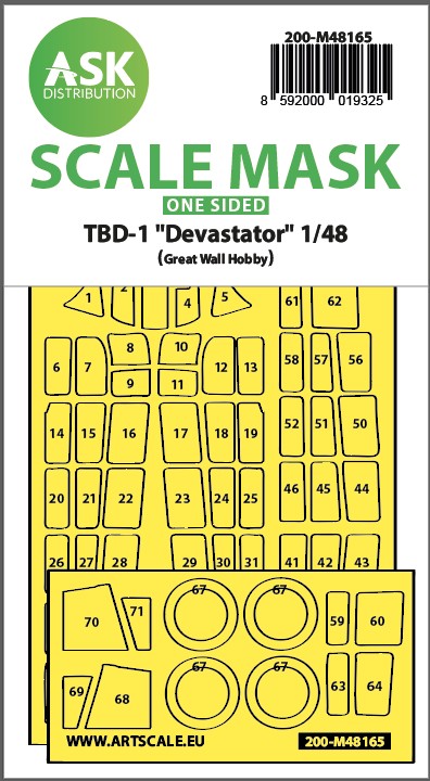 Art Scale 200-M48165 Douglas TBD-1 Devastator wheels and canopy frame paint mask (outside only) 1/48