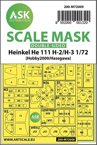 Art Scale 200-M72009 Heinkel He-111H-2/He-111H-3 wheels and canopy frame paint masks (inside & outside) 1/72