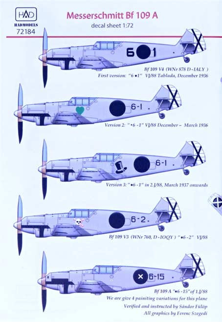 HAD 72184 Decal Messerschmitt Bf 109A (5x camo) 1/72