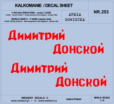 Weikert Decals 253 Russian tank T-34/85 38th Indep.Tank Regiment 1/16