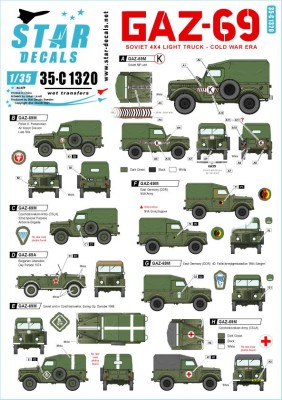 Star Decals 35-C1320 Soviet GAZ-69. Cold War era Soviet and Warsaw Pact countries. GAZ/UAZ-69 and GAZ- 69A 1/35