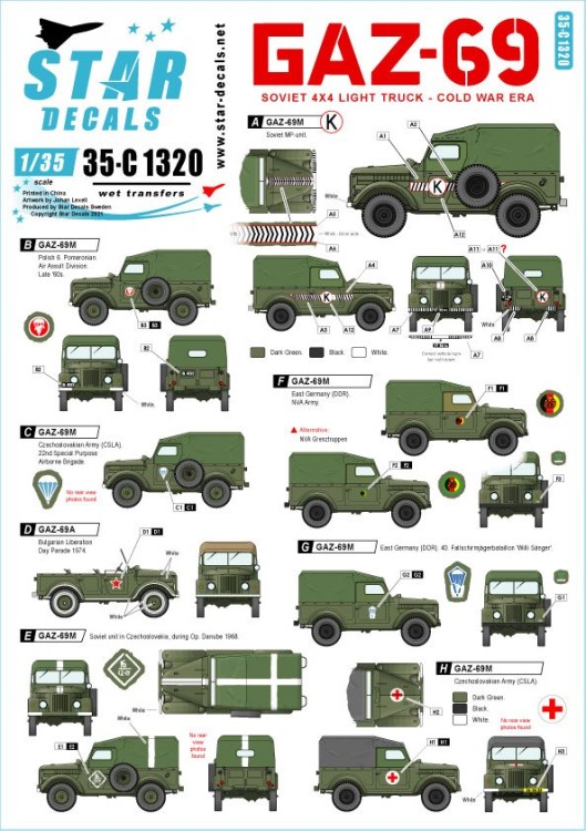 Star Decals 35-C1320 Soviet GAZ-69. Cold War era Soviet and Warsaw Pact countries. GAZ/UAZ-69 and GAZ- 69A 1/35