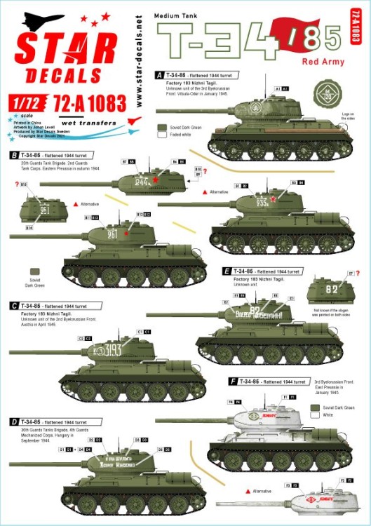 Star Decals 72-A1083 Soviet T-34-85 Red Army.Soviet T-34-85 tanks 1944-45.1944-45. Flattened 1944 turret and Factory 183 Nizhni Tagil turret 1/72